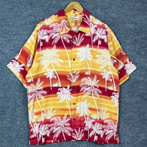 TOMMY BAHAMA 100% Silk Hawaiian Shirt‎ All Over Print Men's Sz L Palm Tree - Picture 1 of 6